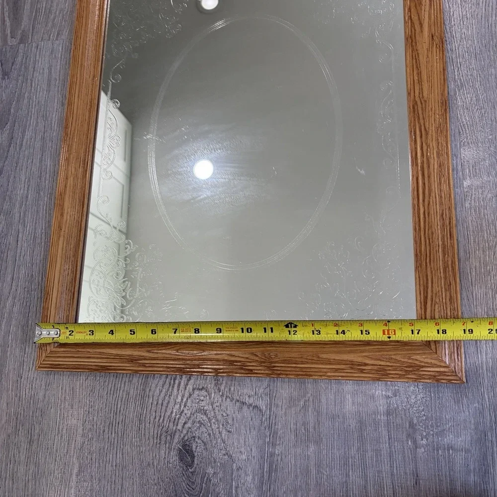 Vintage Etched Mirror Oak Frame Rectangle art wall Cottage granny core 23